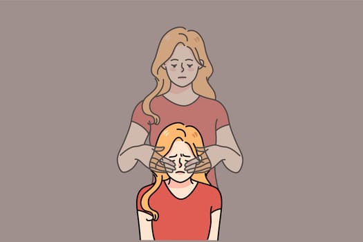 Unhappy young woman feel stressed have her ghost twin cover eyes with hands. Upset girl struggle with depression or reality denial. Concept of self-deception. Flat vector illustration.