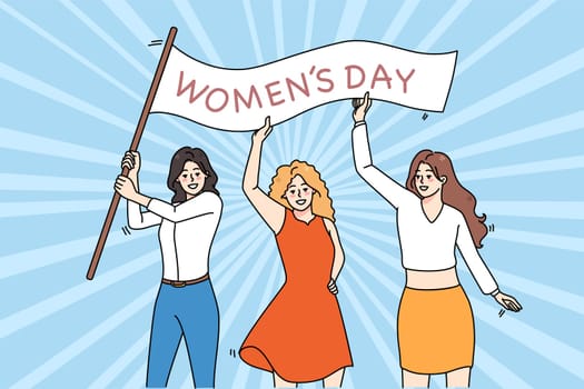 Smiling diverse women with banner for international woman day celebrate together. Happy female activists fight for feminist rights and equality. Feminism and girl power. Vector illustration.