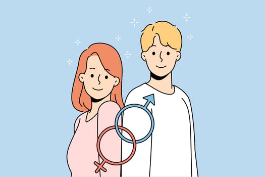Portrait of smiling young man and woman with gender identity signs. Joint mars and venus symbols. Concept of equality, discrimination and diversity. Flat vector illustration.