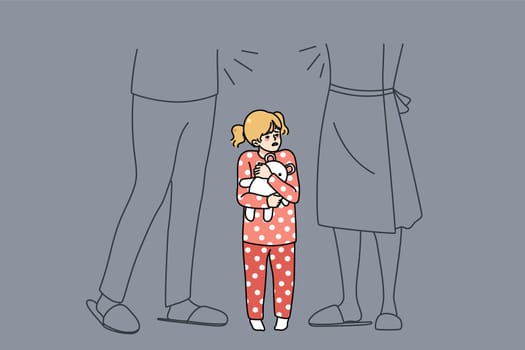 Scared girl child feel stressed with parents argue and fight at home. Unhappy distressed little kid afraid of mom and dad quarrel. Childcare stress, domestic violence effect on children. Vector.