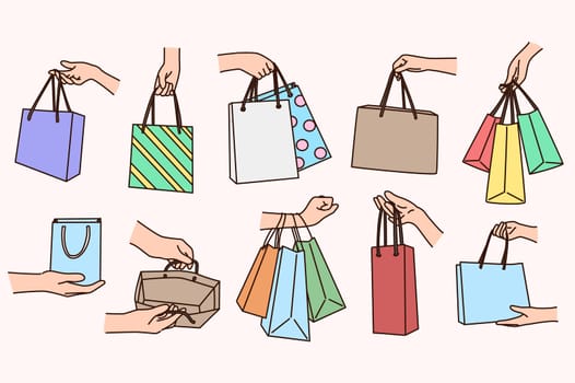 Set of people holding diverse shopping bags buying goods and clothes. Collection of persons with handful of packages or presents. Celebration and gift parcel. Vector illustration.