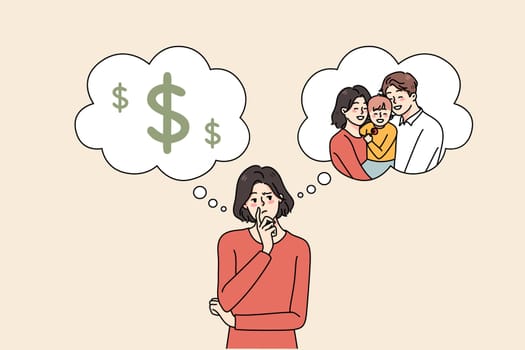 Confused young woman think of life plan, make choice between money and motherhood. Frustrated female choose between career and family. Flat vector illustration, cartoon character.