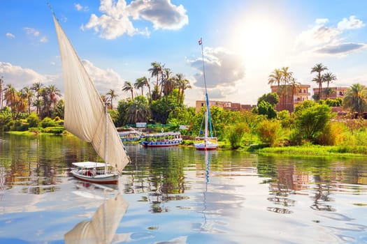 Sailboat in the Nile River, Luxor city, scenery of Egypt.