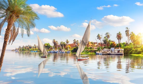 Sailboats in the Nile and the view of Luxor, Egypt.