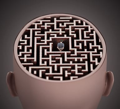 Man standing at the center of the maze on the human head. 3D illustration.