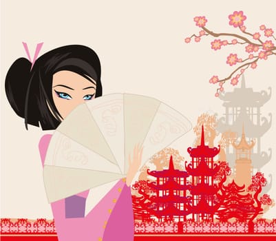 Abstract landscape with Asian girl