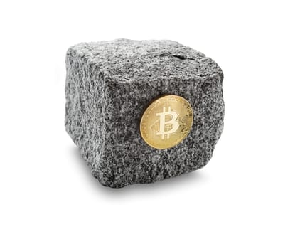 Bitcoin and cryptocurrency investing concept. Bitcoin cryptocurrency coin in cobblestone isolated on white . Up trend, stable and strong concept