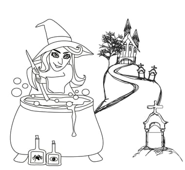 Halloween witch preparing potion - doodle