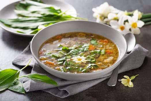 Vegetable soup with fresh wild garlic leaves close up. Soup with seasonal vegetables. Healthy spring detox food ingredients.