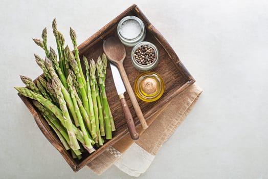 Fresh of green Asparagus. Cooking healthy meal. Bunches of green asparagus, top view- Image