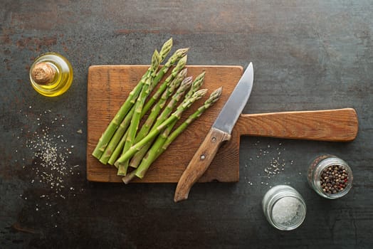 Fresh of green Asparagus. Cooking healthy meal. Bunches of green asparagus, top view- Image