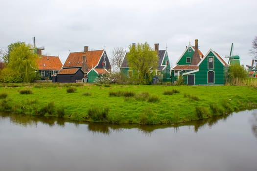 Traditional Houses in the Historic Village of Zaanse Schans on the Zaan River in the Netherlands