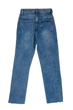 Jeans isolated. Trendy stylish blue denim pants or trousers isolated on a white background. Summer and autumn fashion. Back view.