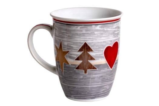 Closeup of a grey and white ceramic mug with printed Christmas motifs, such as a fir tree, star and heart isolated on a white background. Clipping path. Macro.