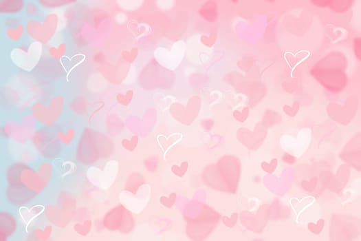 Valentines or mothers day card template. Abstract delicate romantic illustrated pink gradient blue background texture with pink and white bokeh hearts. Beautiful backdrop.