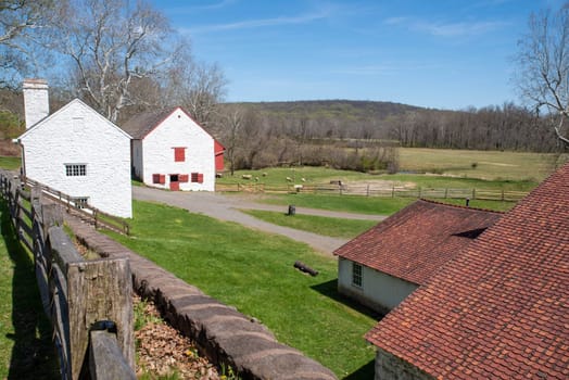 Rural colonial Pennsylvania American village scene with stone barn, historical cottage and buildings with red tile roof, a cannon in the grass, blue sky, and grazing sheep in a green pasture background. Idyllic countryside nature background with no people and copy space.