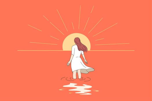 Back view of woman walking towards sun. Concept of self-development and inner growth. Female involved in cognitive therapy and self-discovery. Counseling and psychology. Vector illustration.