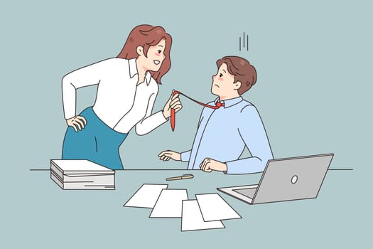 Young woman employee pull male employee tie seduce him at workplace. Female worker show attraction to man coworker. Sexual harassment and abuse in office. Flat vector illustration.