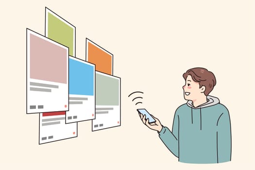 Male developer create web application develop creative interface. Man programmer work with mobile app for program software optimization. Programming and coding. Vector illustration.