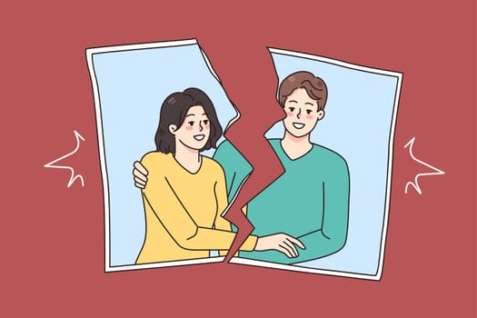 Torn picture of ex-couple smiling on photography