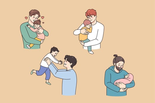 Set of happy fathers play with small children