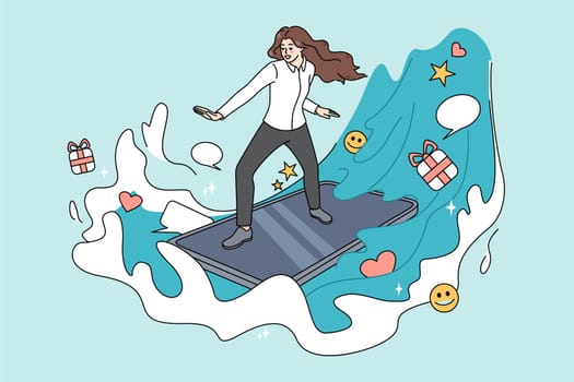 Young woman surfing internet on modern smartphone gadget. Millennial girl browsing web on cellphone. Social media and devices technology concept. Vector illustration.