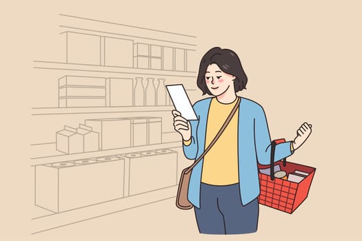 Woman client with shopping list hold basket buy products in supermarket. Smiling female customer purchase groceries in store according to planned listing. Retail and commerce. Vector illustration.
