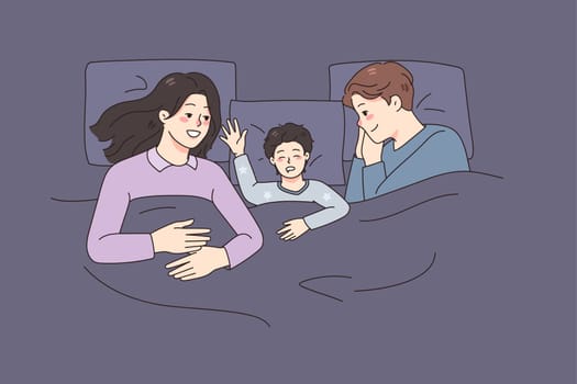 Happy young family with small kid sleep together in bed at home. Smiling parents relax take nap with little child. Childcare and parenthood concept. Flat vector illustration.