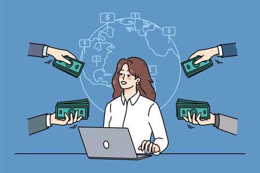 Successful businesswoman work online on computer get contracts around the world. Female freelancer get money or financial compensation for web job. Freelance. Vector illustration.