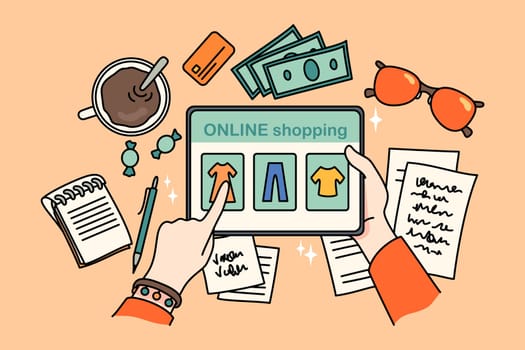 Top view closeup of person sit at table shopping online on tablet gadget. Woman buy clothing on internet on modern pad device. Web order, fashion and consumerism. Vector illustration.