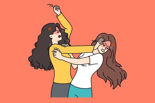 Pair of angry young women fight and quarrel. Mad teenage girls fighting pulling hair. Female conflict and problem solving with fists. Flat vector illustration.