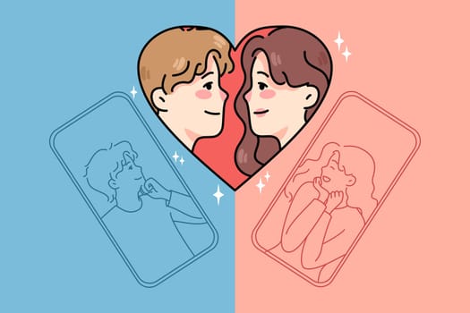 Happy man and woman dating texting online on social media on cellphone. Male and female couple talk virtual on smartphone. Remote relationships and communication. Vector illustration.