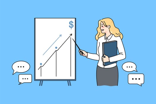 Successful businesswoman make presentation on flipchart develop business idea. Female coach or trainer present innovative startup on whiteboard. Crowdfunding. Vector illustration.