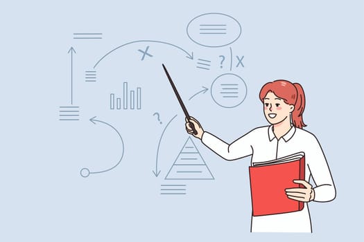 Successful businesswoman present business strategy on flip chart on meeting or training. Female employee make presentation, plan marketing startup or launch. Flat vector illustration.