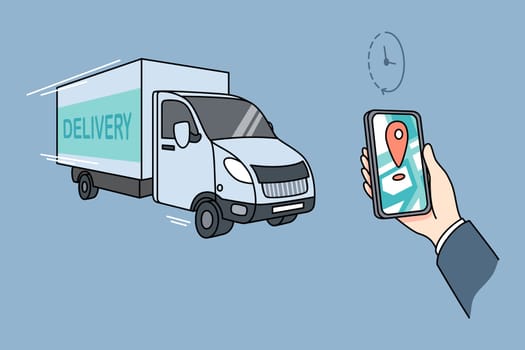 Person hold cellphone track order delivery on mobile application on gadget. Hand with smartphone check purchase status on map. Shopping and buying online. Vector illustration.