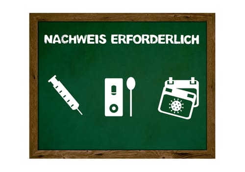 Coronavirus Rules on old chalkboard with wooden frame: Vaccinated Tested or Recovered - Proof neccesary in german language