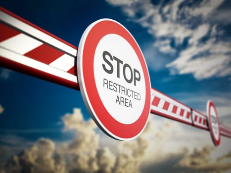 Gate barrier system with stop sign. 3D illustration.