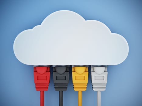 Colorful network cables connected to the cloud shape. 3D illustration.