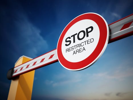Gate barrier system with stop sign. 3D illustration.