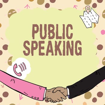 Handwriting text Public Speaking, Word Written on talking showing stage in subject Conference Presentation Empty frame decorated with communication symbols represent business meeting