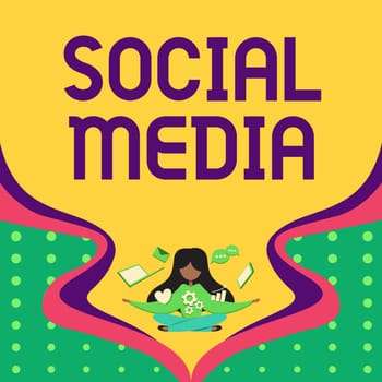 Sign displaying Social Media, Business concept Online communication channel Networking Microblogging Woman Surrounded With Technological Devices Presenting Future Advances.