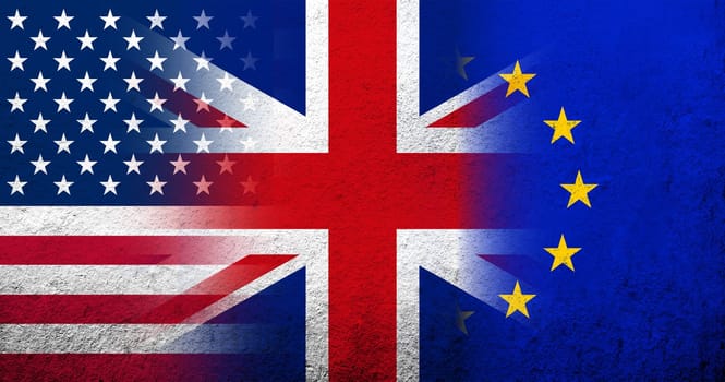 National flag of United Kingdom Great Britain, United States of America USA national flag and Flag of the European Union. Grunge background