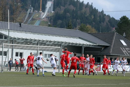 Thick air in the visible shadow of the Adlerschanze and in the penalty area of the guests from Öfingen,who had to travel home defeated with a 0:3 defeat after the game of the football KL A Black Forest - 21st Sptg. Season 21-22 - SV Hinterzarten vs SV Öfingen
