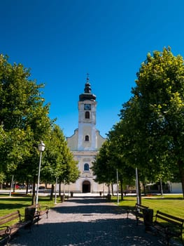 Town of Ogulin church and park landscape view, landscape of central Croatia