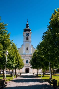Town of Ogulin church and park landscape view, landscape of central Croatia