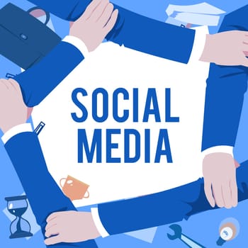 Conceptual display Social Media, Word for Online communication channel Networking Microblogging Four Hands Drawing Holding Arm Together Showing Connection Symbol.