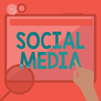 Text caption presenting Social Media, Business approach Online communication channel Networking Microblogging Hand Using Big Tablet Searching Plans For New Amazing Ideas
