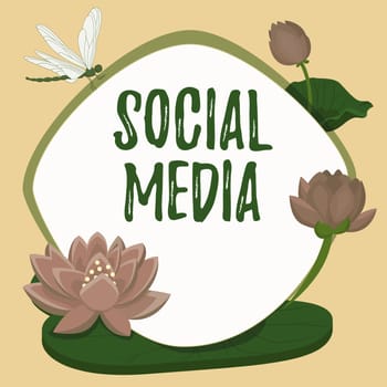 Hand writing sign Social Media, Business showcase Online communication channel Networking Microblogging Frame decorated with colorful flowers and foliage arranged harmoniously.