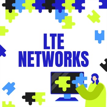 Text caption presenting Lte Networks, Internet Concept Fastest network connection available for wireless communication Lady Holding Puzzle Piece Representing Innovative Problem Solving Ideas.