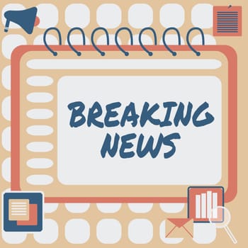 Handwriting text Breaking News, Word for Special Report Announcement Happening Current Issue Flashnews Blank Open Spiral Notebook With A Calculator And A Pen On Table.